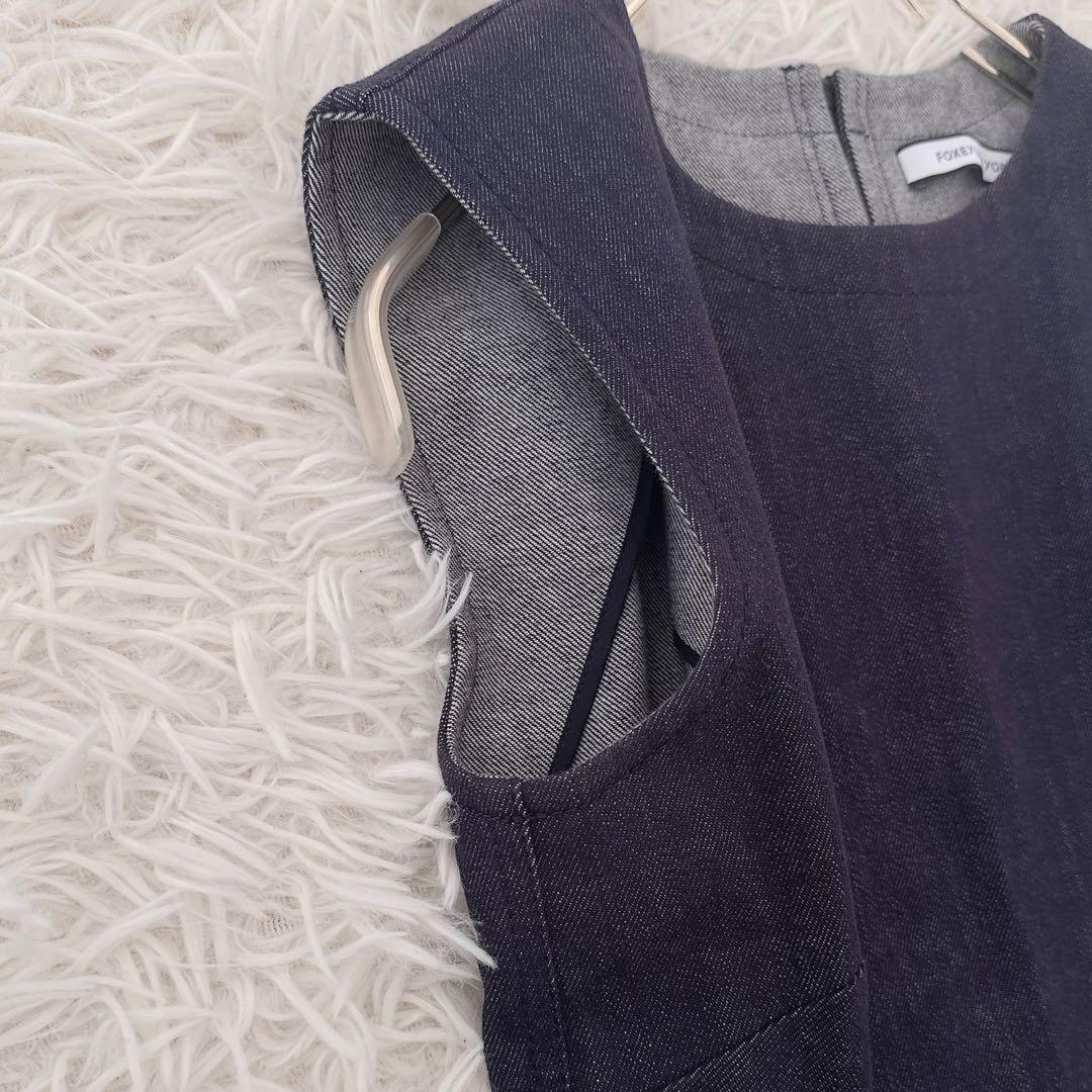 極美品✨フォクシーニューヨーク デニムワンピース タック ロゴプレート付き 38