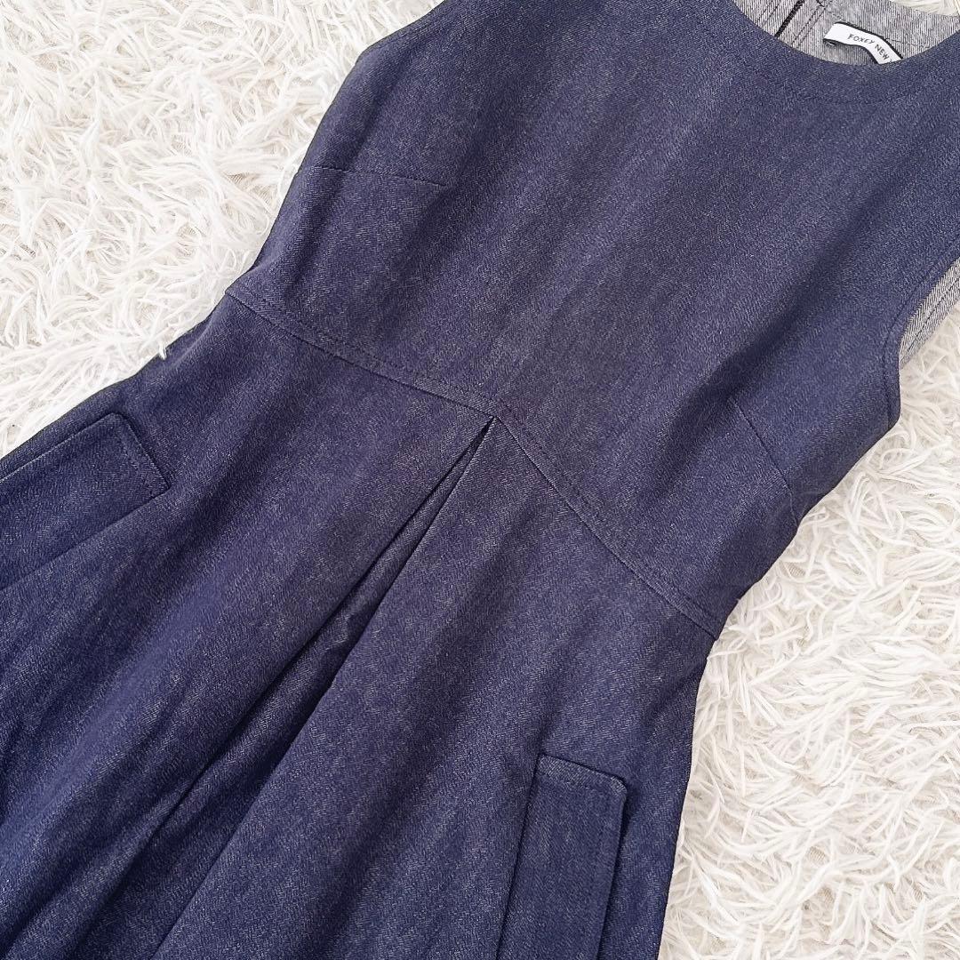 極美品✨フォクシーニューヨーク デニムワンピース タック ロゴプレート付き 38