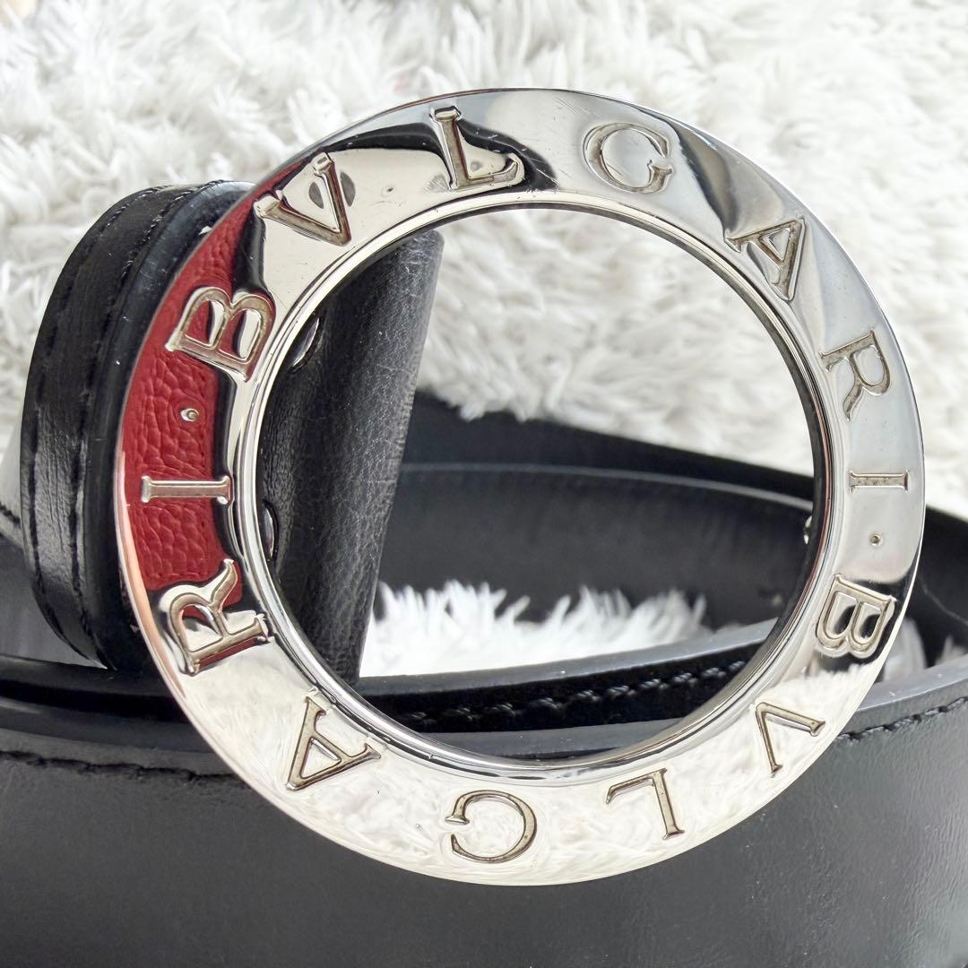 【美品】 ブルガリ ベルト ロゴマニア サークルロゴ シルバー金具 ブラック