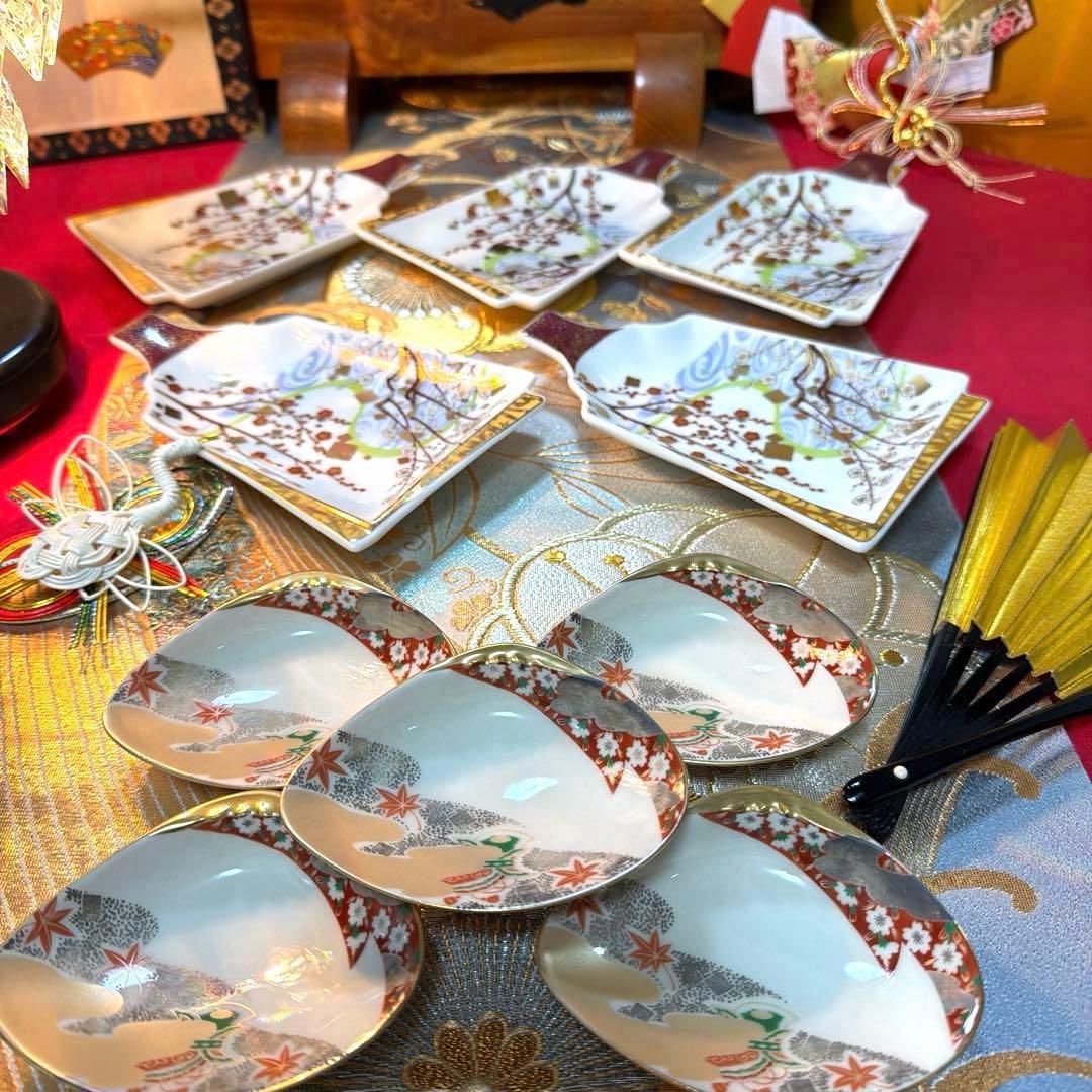 前畑陶器　庫山窯初梅　羽子板皿　春秋貝型　珍味入れ　豪華箸置き　No.4-47