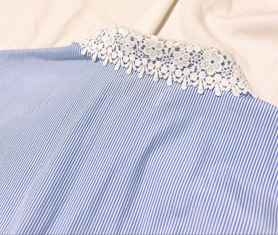 ケイトスペード サックスブルー 白 水色 ストライプ レース襟 半袖