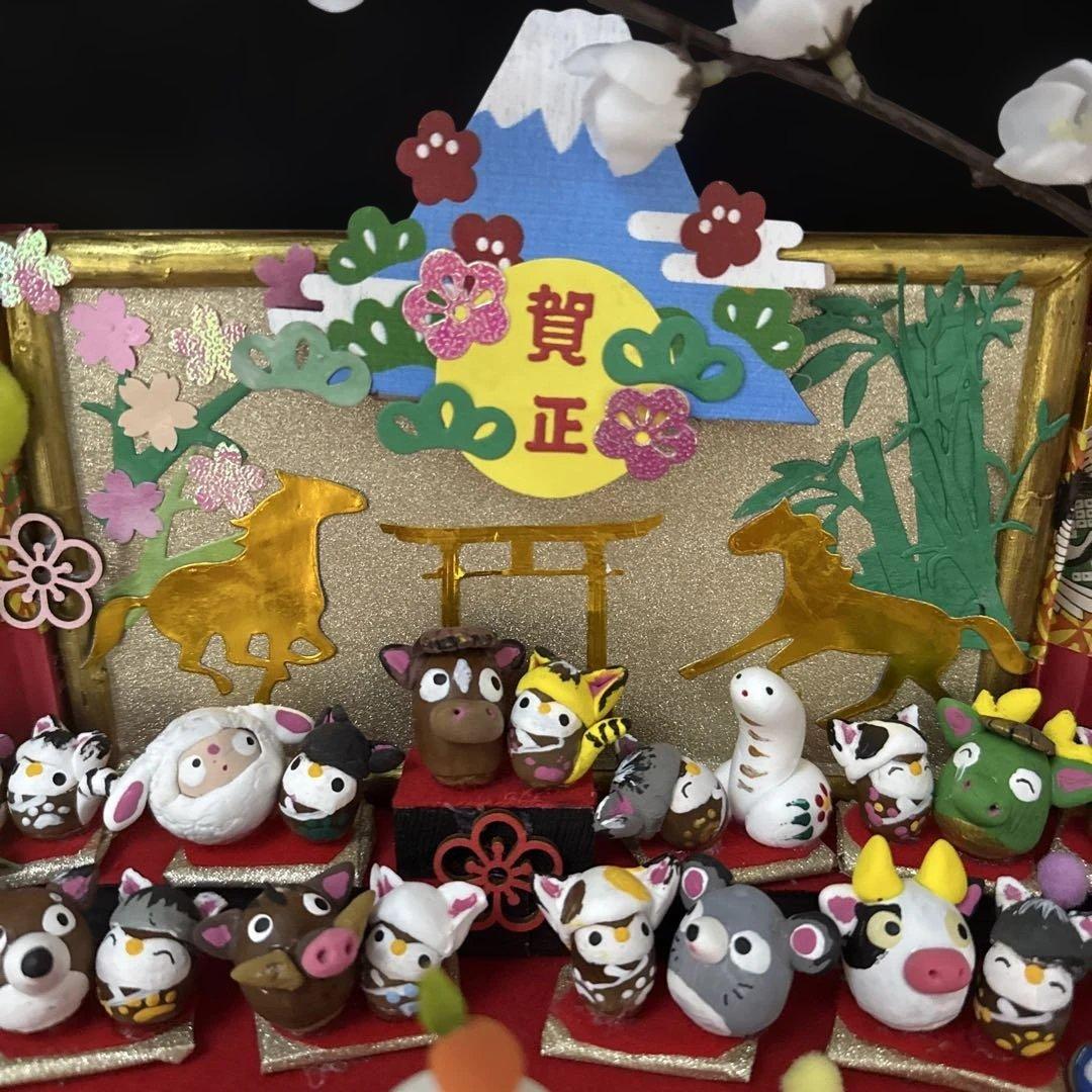 どんぐりアート♡2026年度 祝 お正月猫帽子BIGオブジェ 一点物