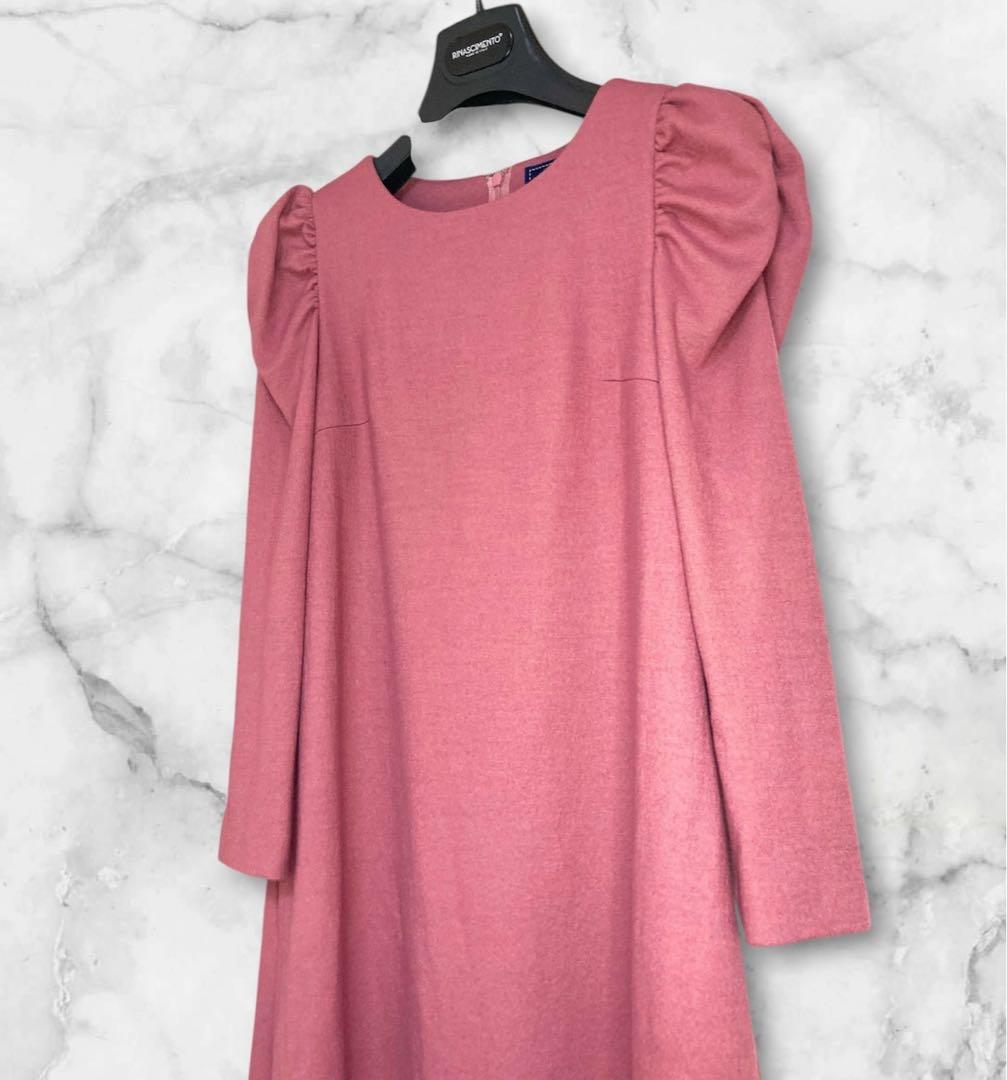 【新品未使用】M'S GRACYコサージュ付パフスリーブピンクAラインワンピース