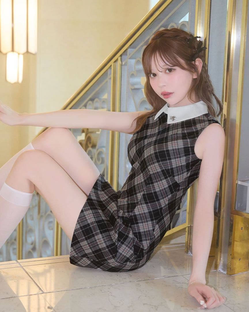 ミシェルマカロン　襟付きチェックミニワンピース Fサイズ