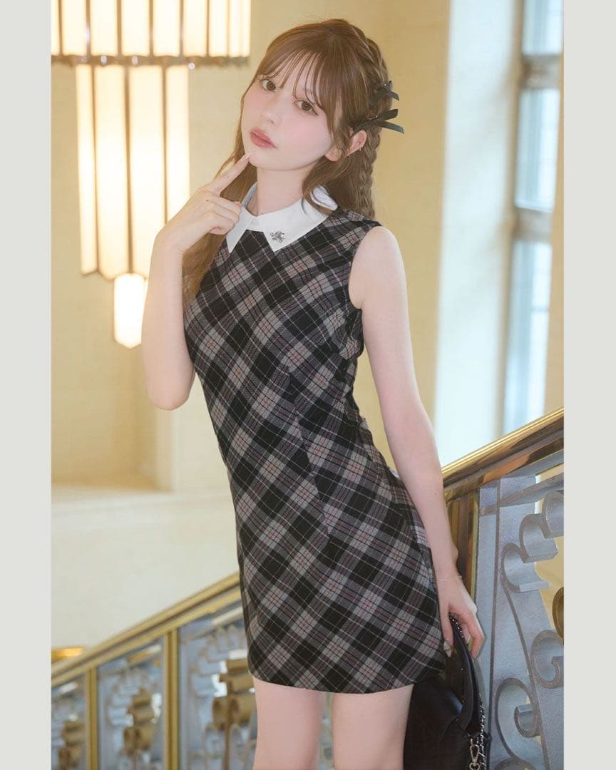 ミシェルマカロン　襟付きチェックミニワンピース Fサイズ