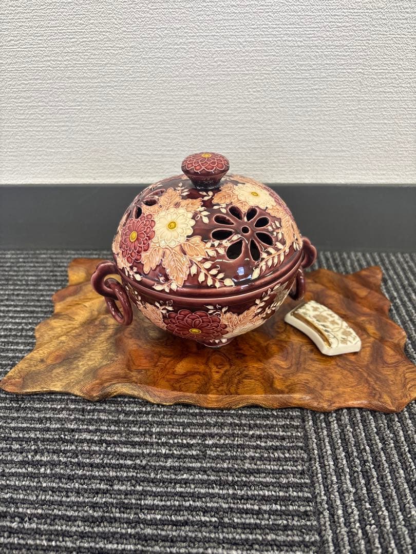 紫色 花柄 香炉 陶器製