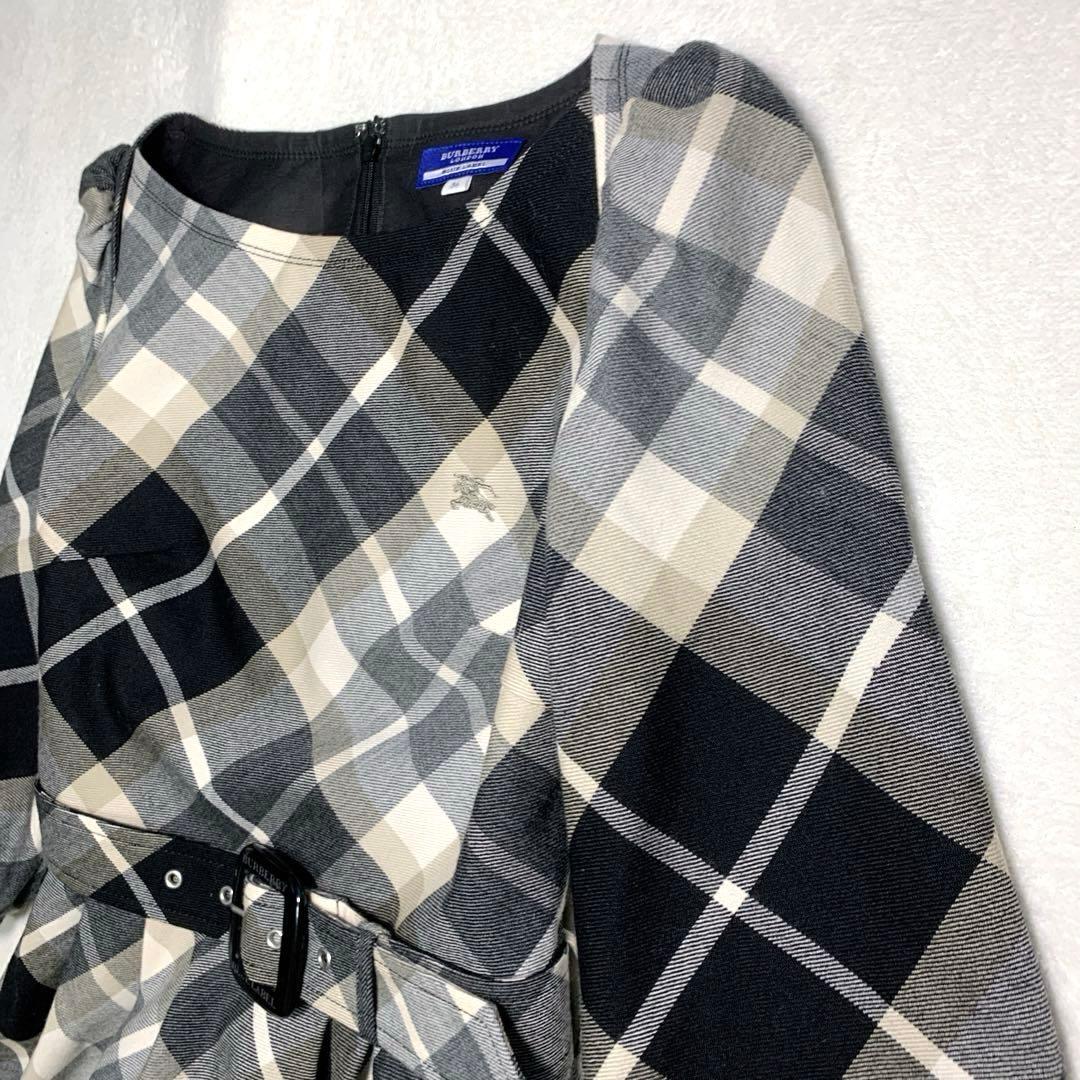 バーバリー フレアワンピース S 黒ノバチェック 毛 ウエストベルト
