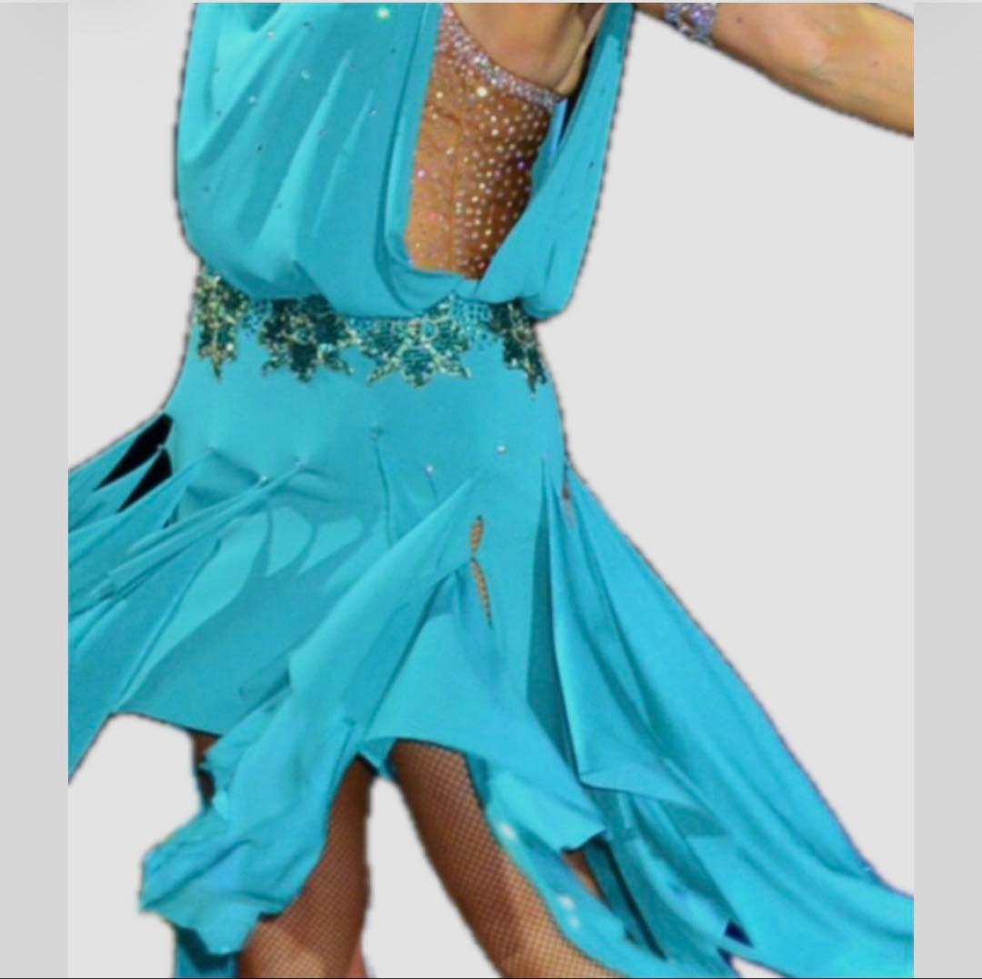 社交ダンス フジタドレス ラテン　石付きドレス　エメラルドグリーン フリル