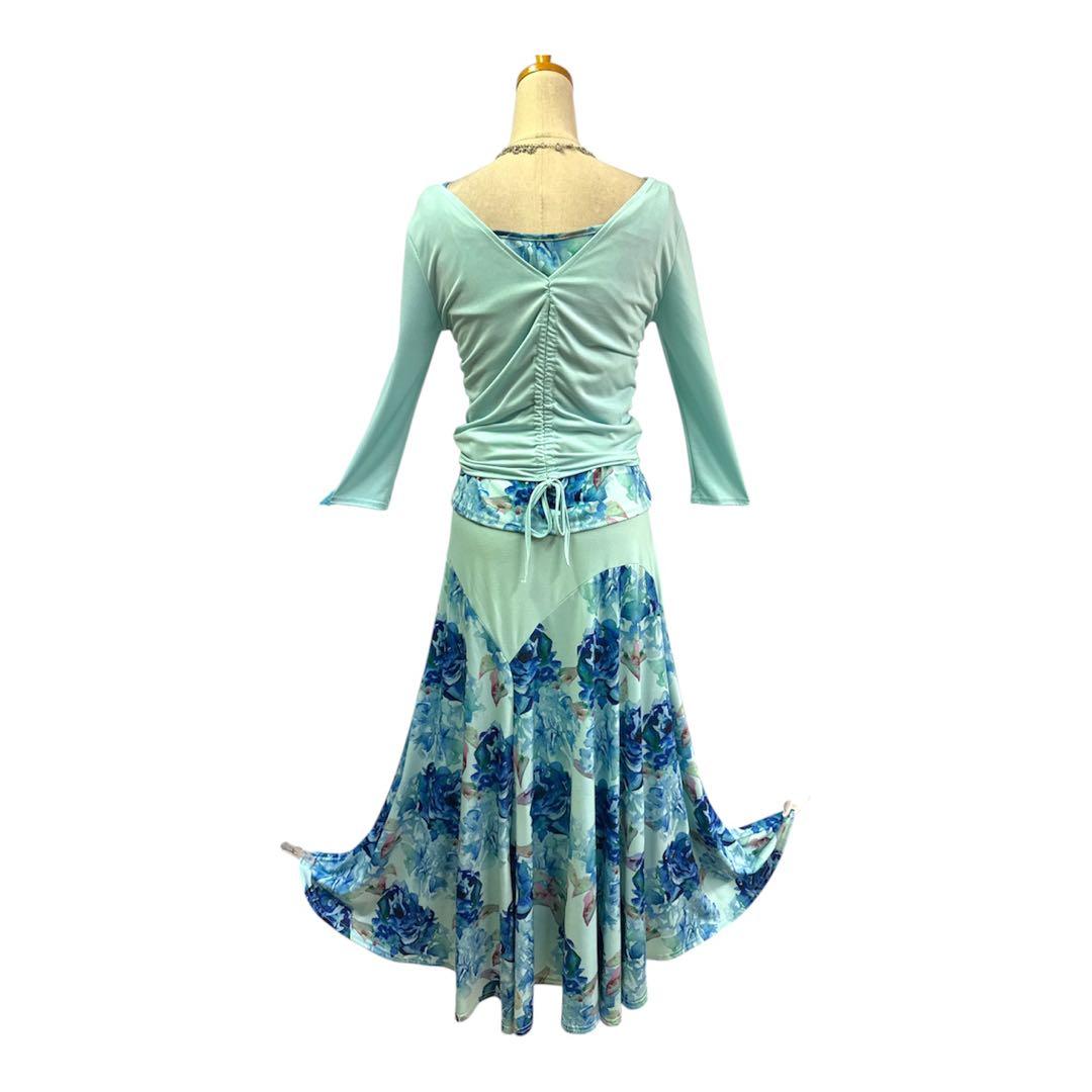 6198☆M ブルー系 花柄 スリーピース セットアップ 社交ダンス 社交