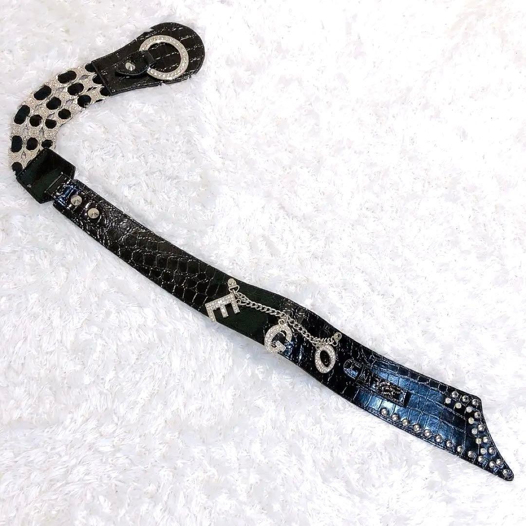 EGOIST スタッズ付き黒いクロコダイル風ベルト Y2K