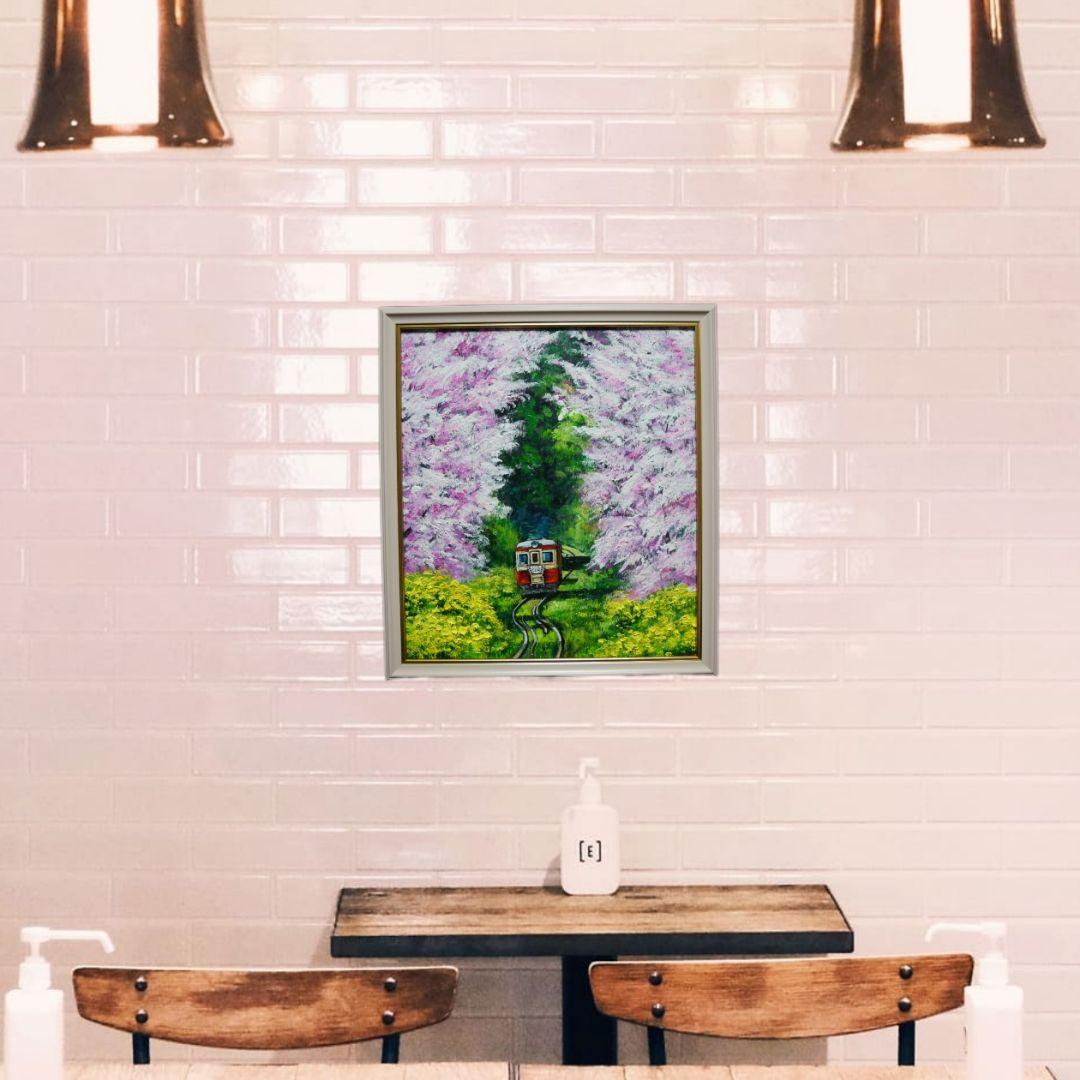 油絵 油彩 油彩画 絵画 絵 【桜と菜の花の鉄道】