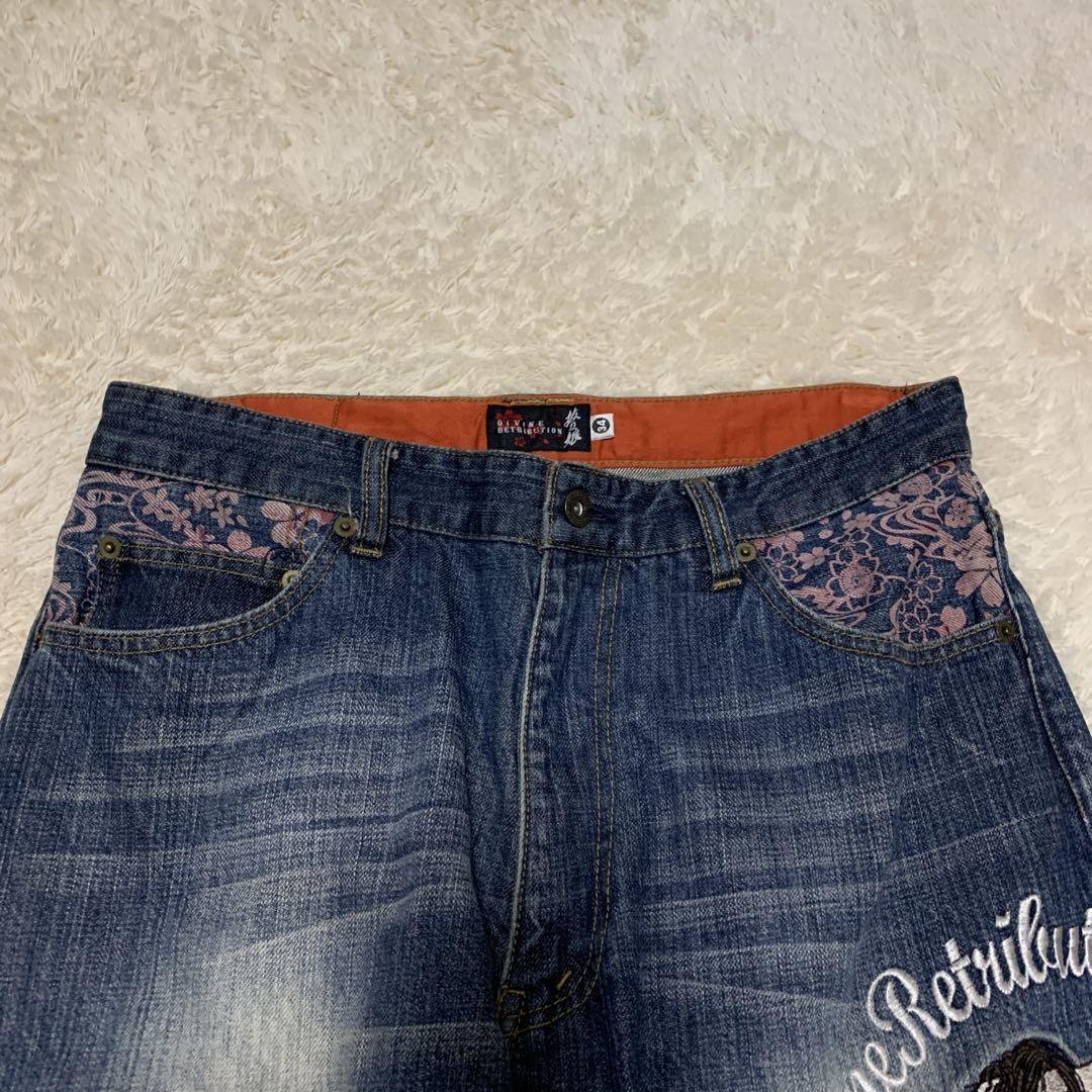 絡繰魂 DIVINE 抜刀娘 刺繍 ジャガード 和柄 ジーンズ デニム 34