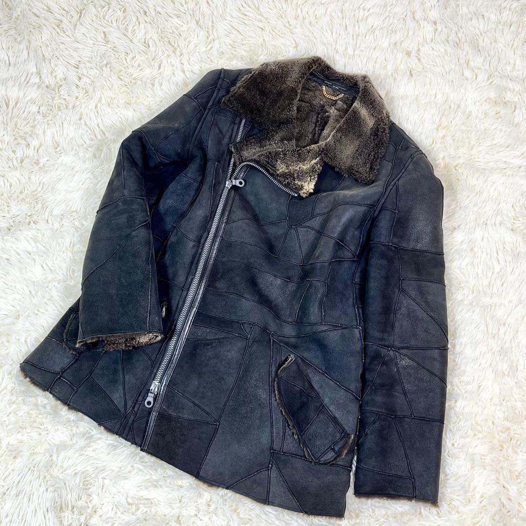 ヴィンテージ ムートン パッチワーク ライダース チェスター コート