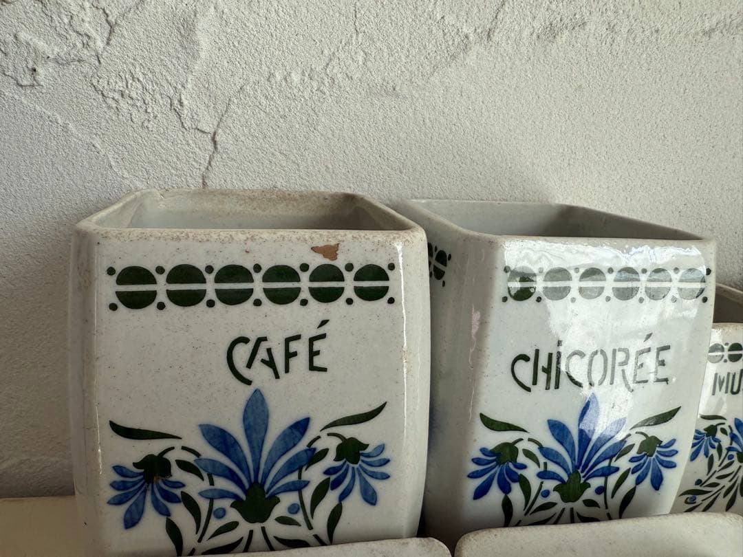 フランスアンティーク　陶器の花柄キャニスター6点セット