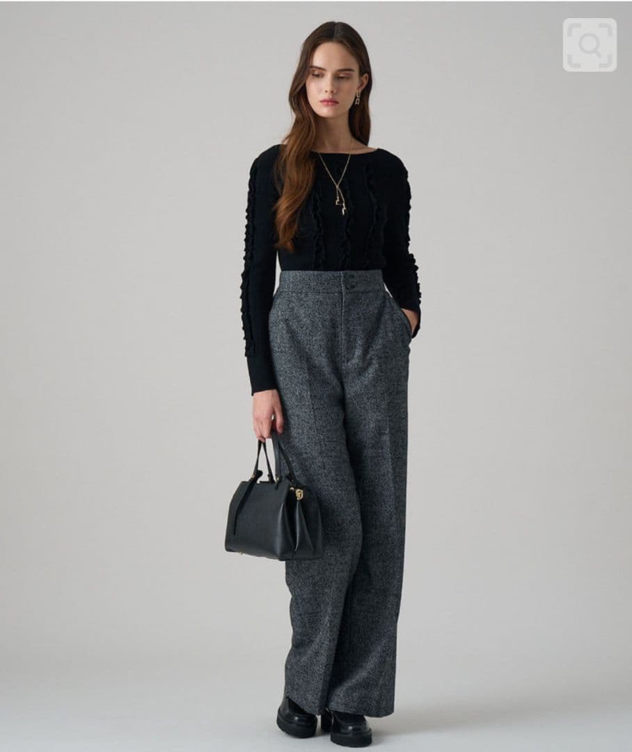 【新品】ANAYI2025秋 ウールシルクツイードワイドパンツ 黒 36