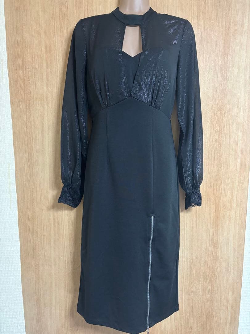 ラメシフォンスリーブ✖️ジップスリットミディドレスM