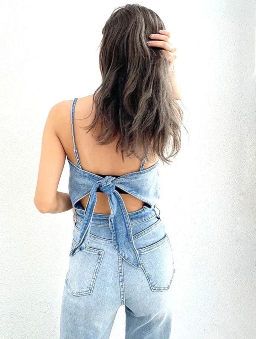 GYDA BACKリボンデニムロンパース