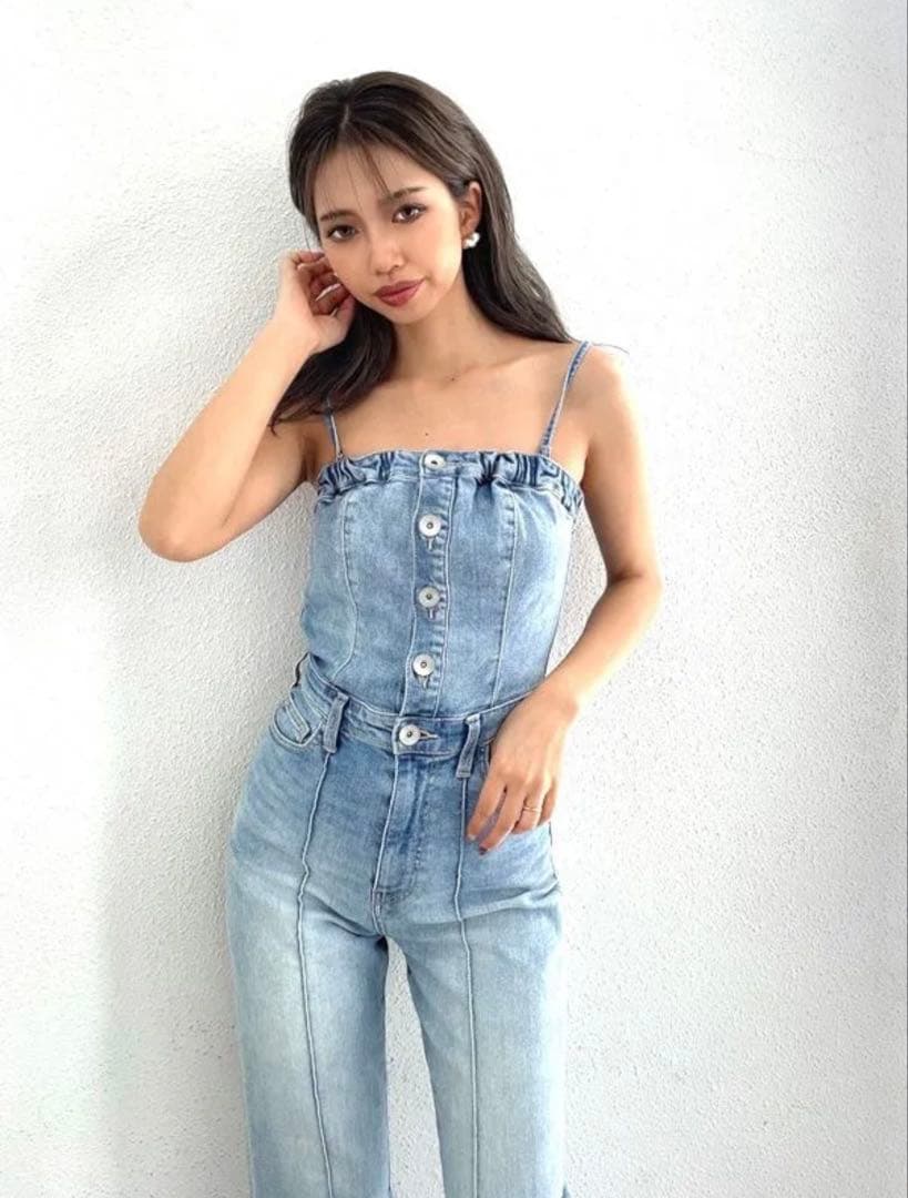 GYDA BACKリボンデニムロンパース