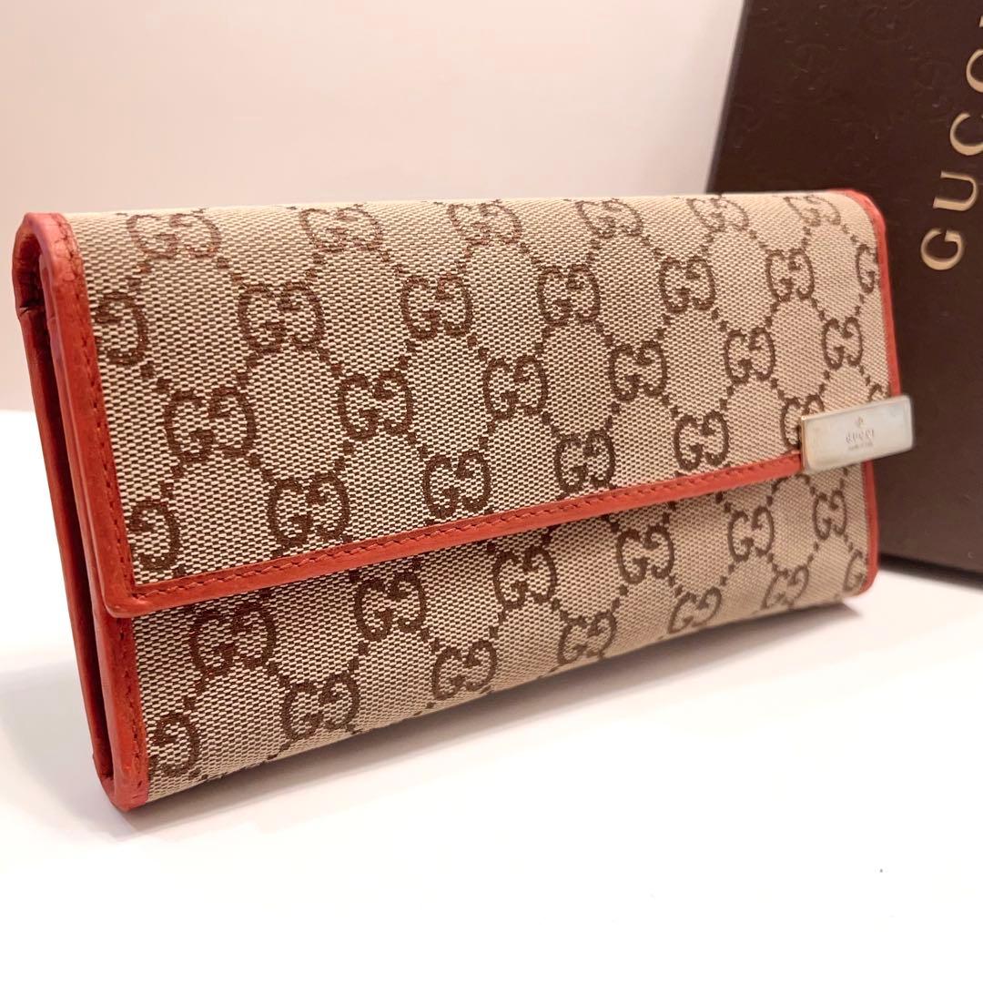 グッチ 長財布 GGキャンバス ロゴ金具 ゴールド金具 大容量 シャイニーレッド
