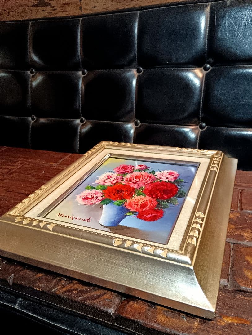 岸本芳雄 油彩 キャンバス 薔薇 花 バラ F3号 赤 ピンク シルバー