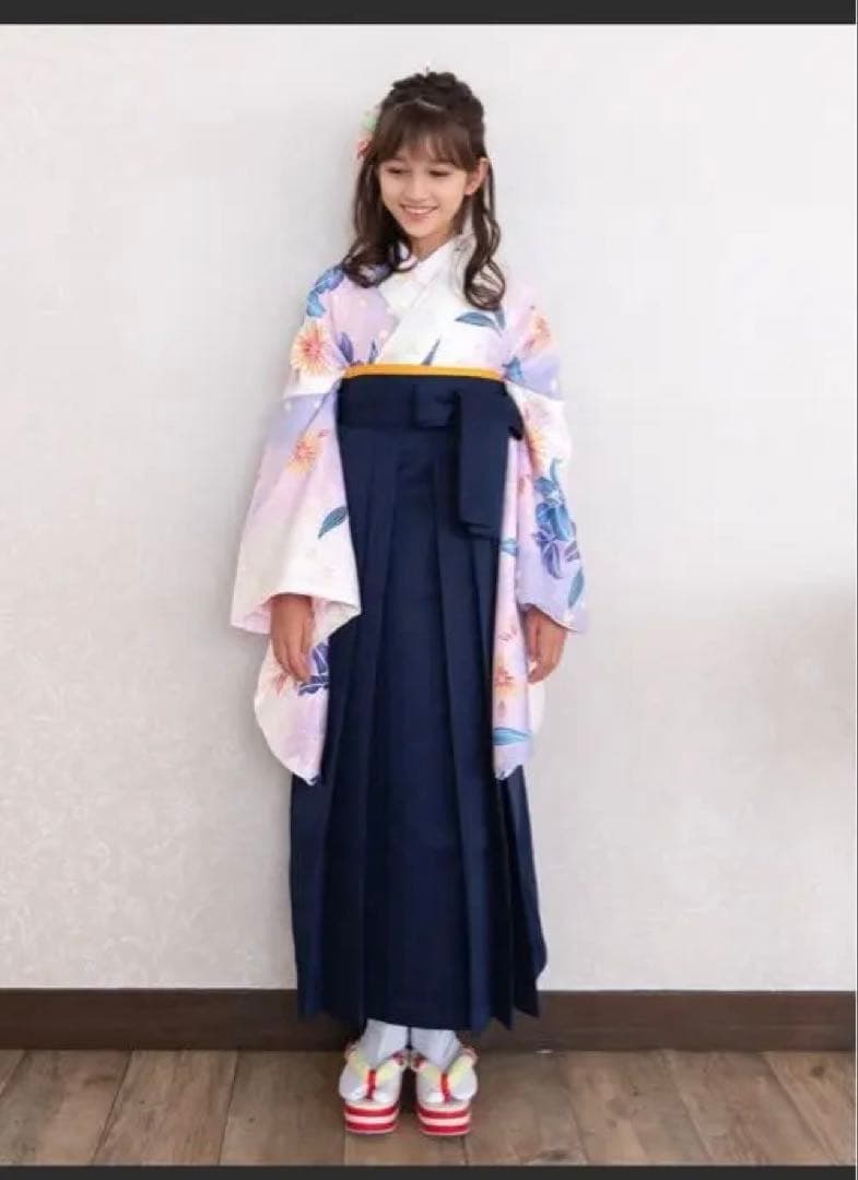 キッズ　小学生袴 青と紫の花柄 袴91センチ