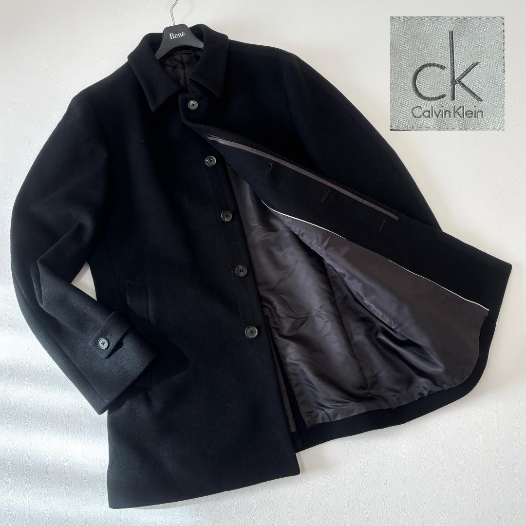 【カシミヤ混】カルバンクライン ステンカラーコート 比翼ボタン XL ブラック