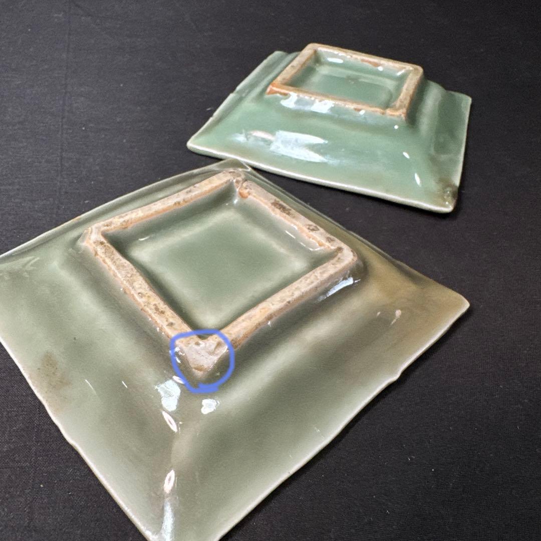 G26 送料無料 三田青磁 鹿の図 角皿 2枚 古美術 和骨董