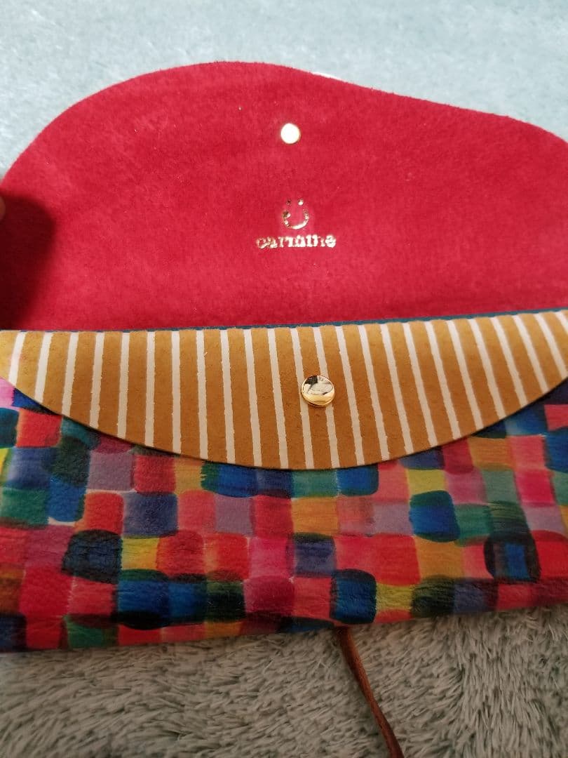 カーマイン　長財布　レザー　ハリネズミ　ブロックチェック×ドット　日本製