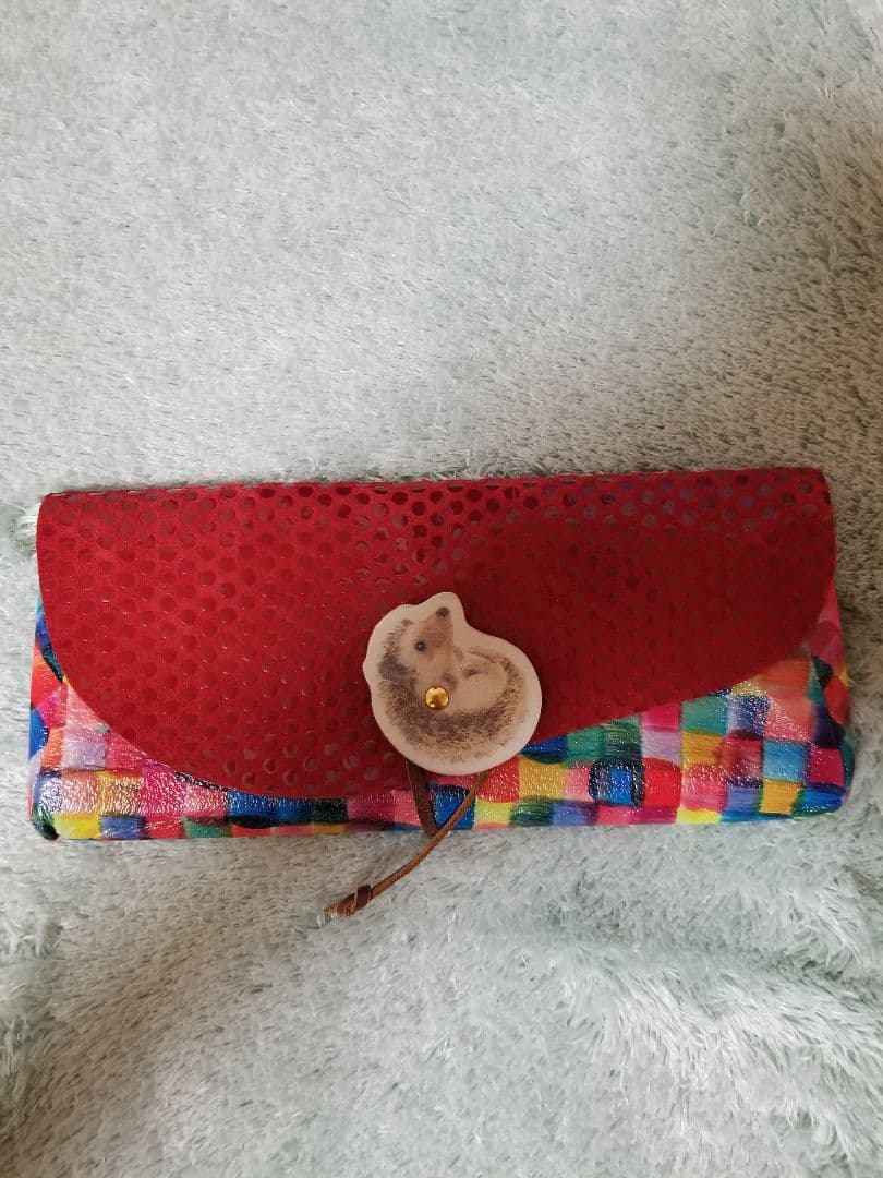 カーマイン　長財布　レザー　ハリネズミ　ブロックチェック×ドット　日本製