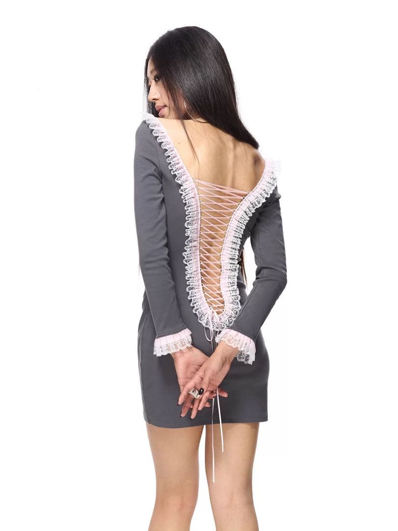 HuDieGongZhu グレーy2kgalミニワンピース 長袖レースアップLの通販は