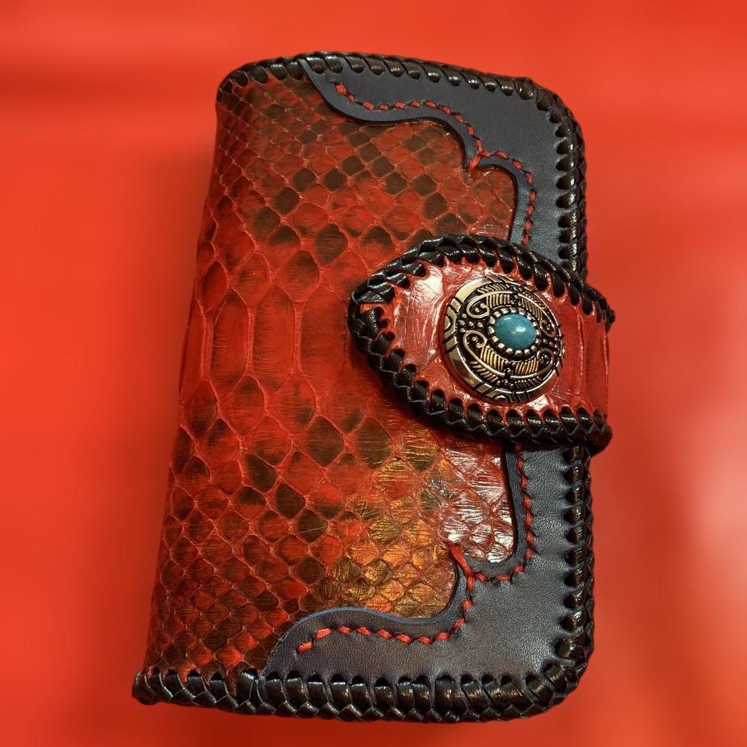 ハンドメイドレザークラフトレッドパイソンミドルウォレット牛革紺色牛