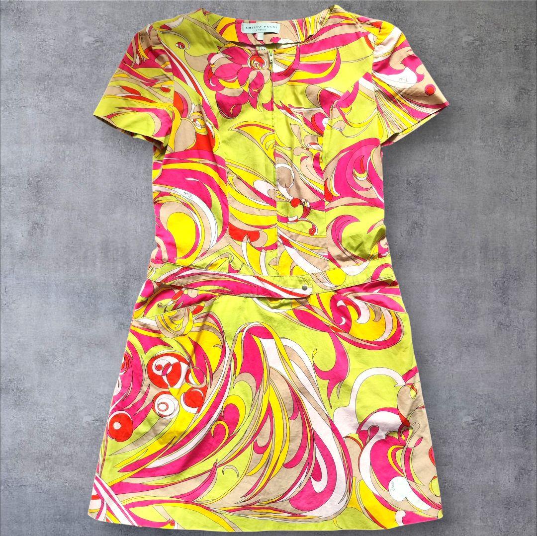 美品】Emilio Pucciエミリオプッチ半袖ミニワンピースイエローSサイズ