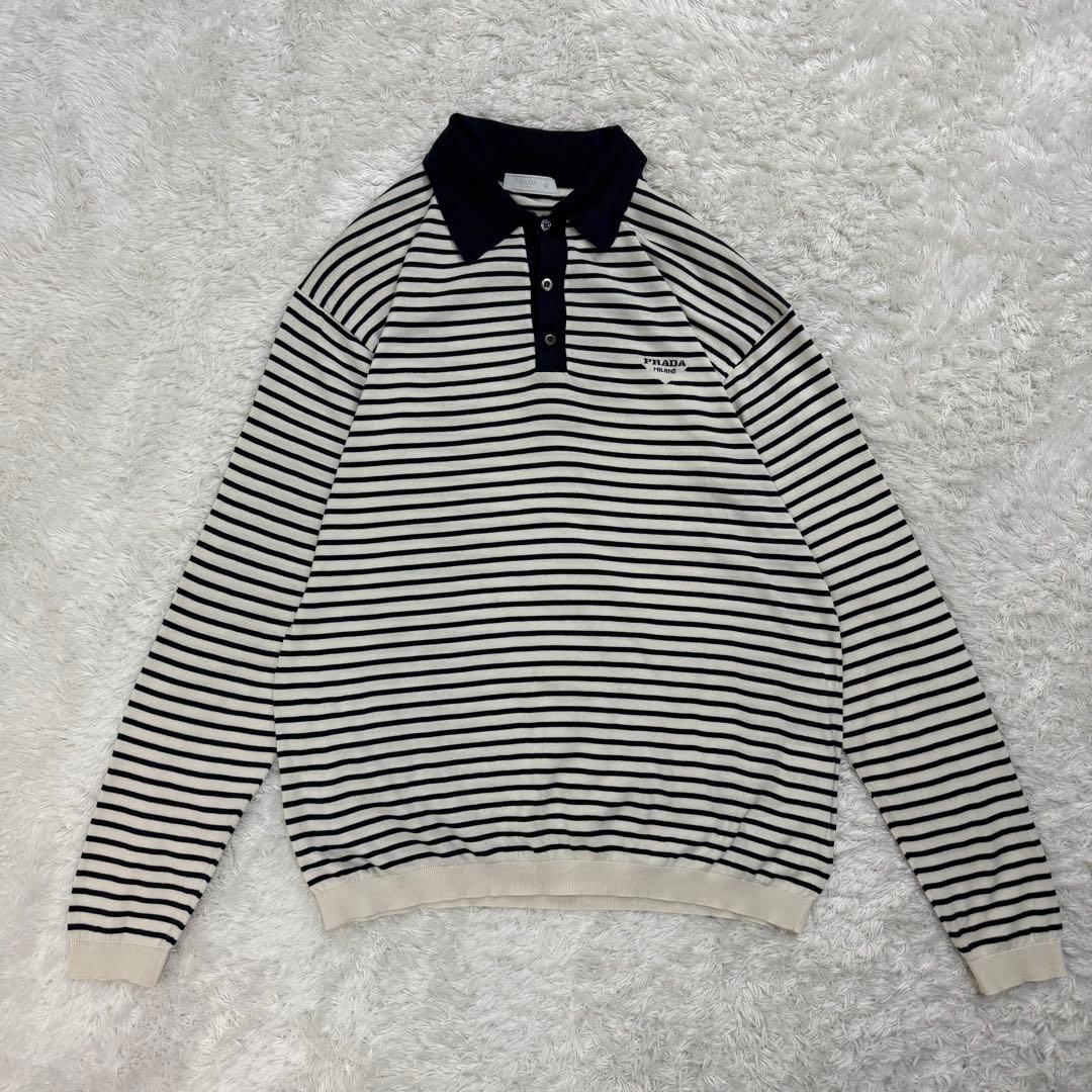 393【美品・NFC確認済み】プラダ☆3角ロゴ入りボーダー柄長袖ニット