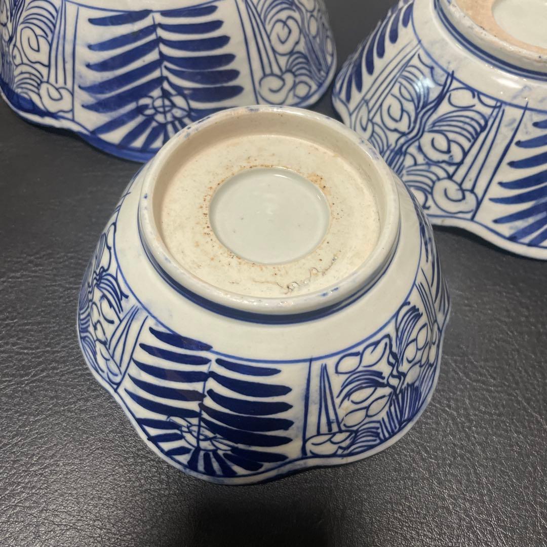 古伊万里　花形皿 深鉢　3枚セット 木箱付き　染付　深鉢　ベロ藍　大中小