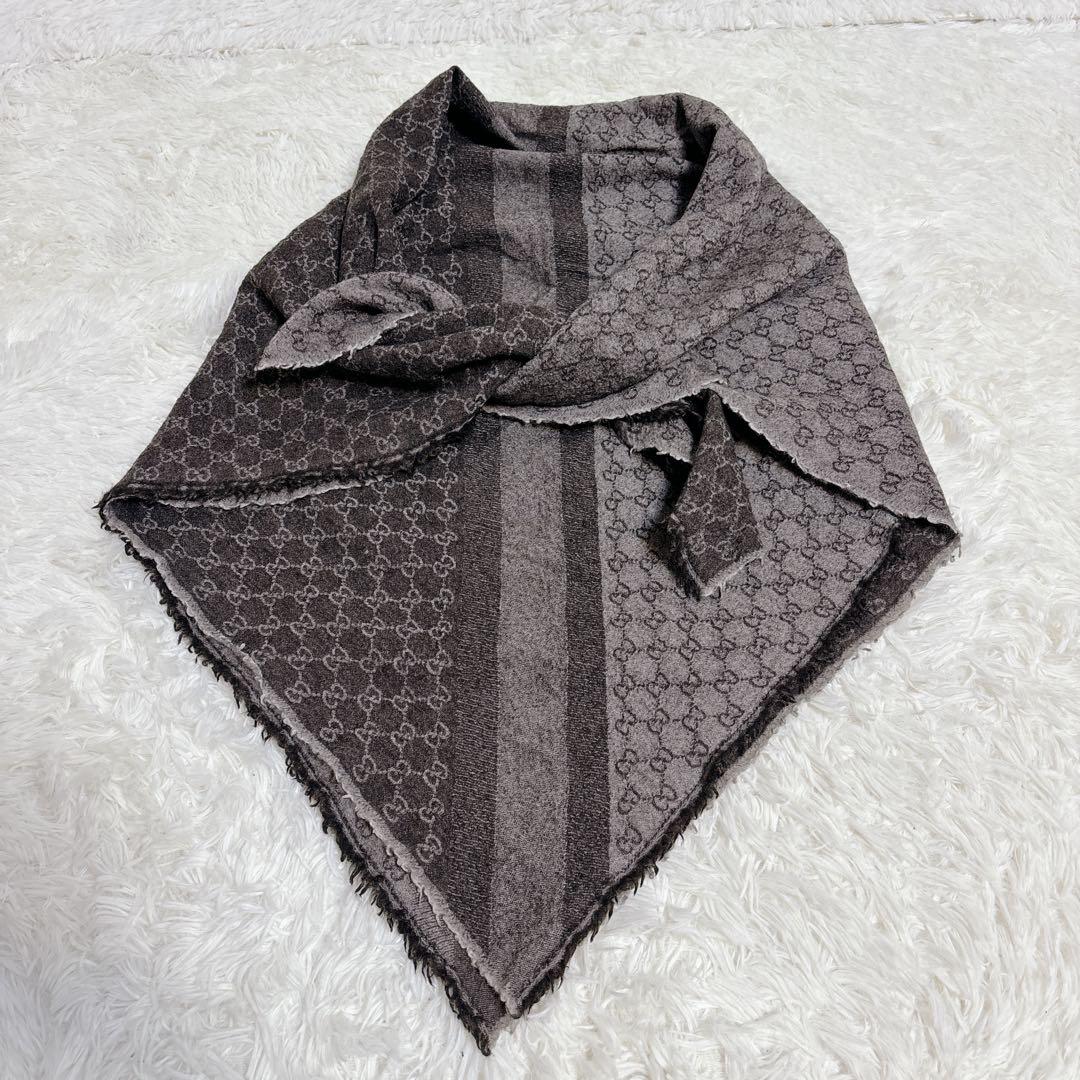 グッチ ショール GUCCI ストール 大判　GG ブラウン　ウール、シルク
