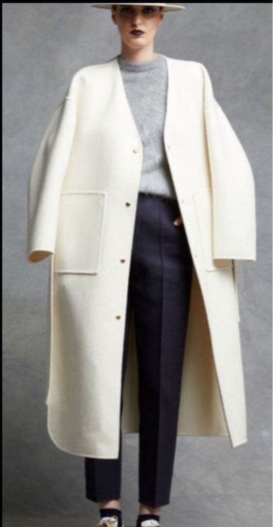 Drawer ウールシルク リバーシブル ノーカラー ロングコート 白 38