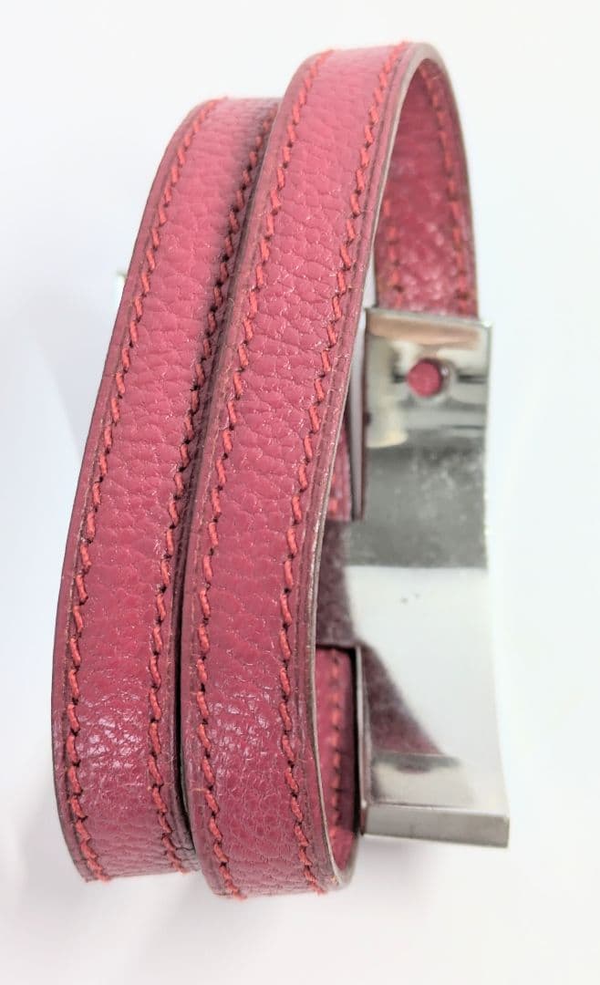 HERMÈS エルメス　プスプス2連Ｈロゴ　ピンク レザー バングル