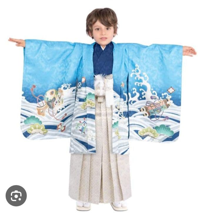 【100cm前後の男の子に】753　キョウエツ 着物セット 鷹宝船 ブルー