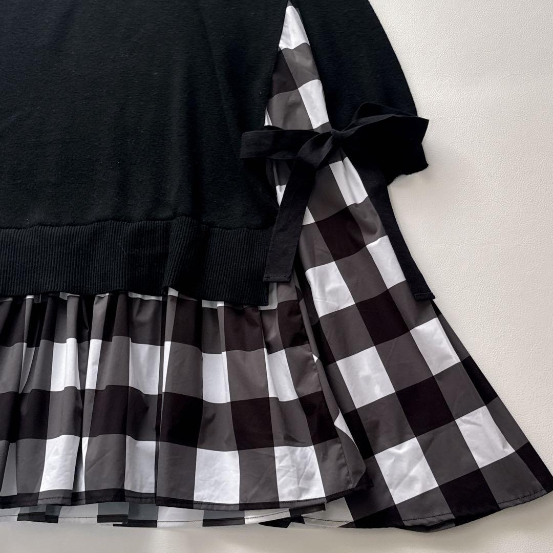 りさ様！！！！！ オブリ　ニットドッキングワンピース　　チェック柄　黒　リボン