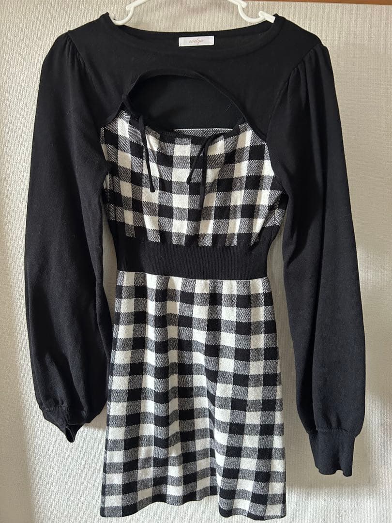 evelyn エブリン　リボンチェックタイトOP ブラック 黒 ワンピース