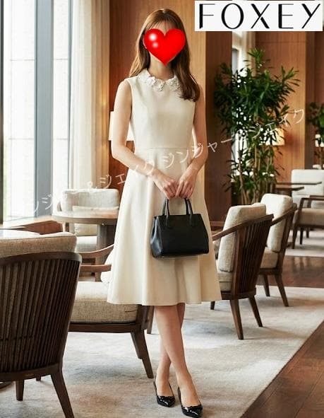 FOXEYフォクシー 美シルエット 花柄モチーフ襟付 清楚ワンピース 40 白