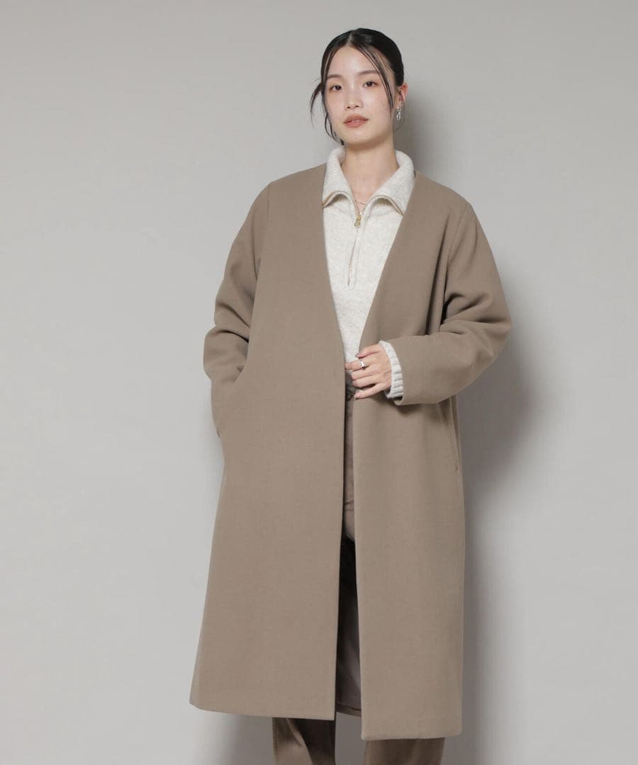 ナノユニバース　vネックノーカラーコート　モカ　ロングコート