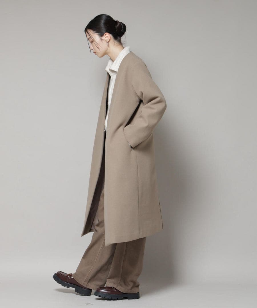 ナノユニバース　vネックノーカラーコート　モカ　ロングコート