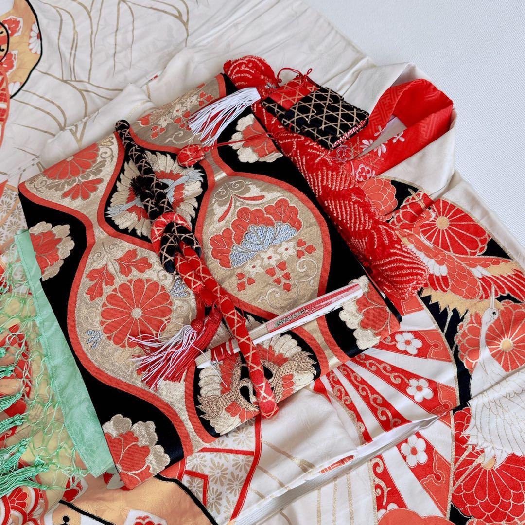 フルセット　七五三　7歳女の子　源氏車　鶴　金糸　金プリント　黒袋帯　菊7071