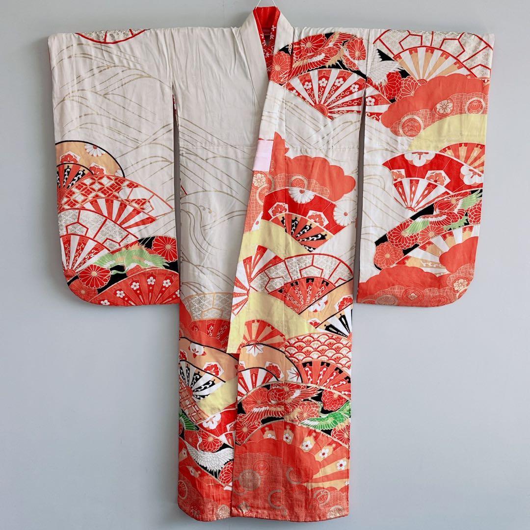 フルセット　七五三　7歳女の子　源氏車　鶴　金糸　金プリント　黒袋帯　菊7071