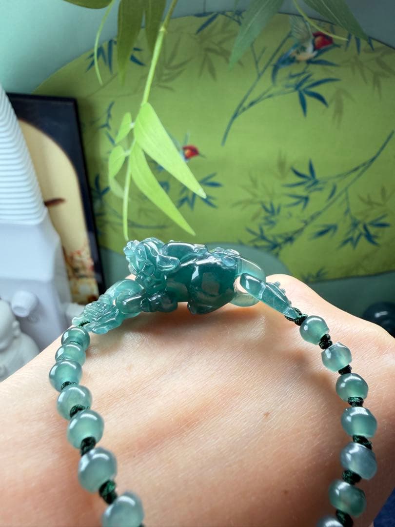 天然本翡翠 氷種深海ブルー【環環相連】精巧な貔貅手編みブレスレット