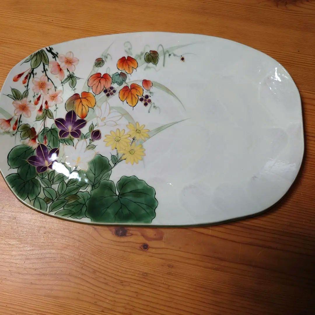 京焼 陶葊 31cm✕21cm 桜 山葡萄 桔梗 石蕗の花 楕円 皿 飾
