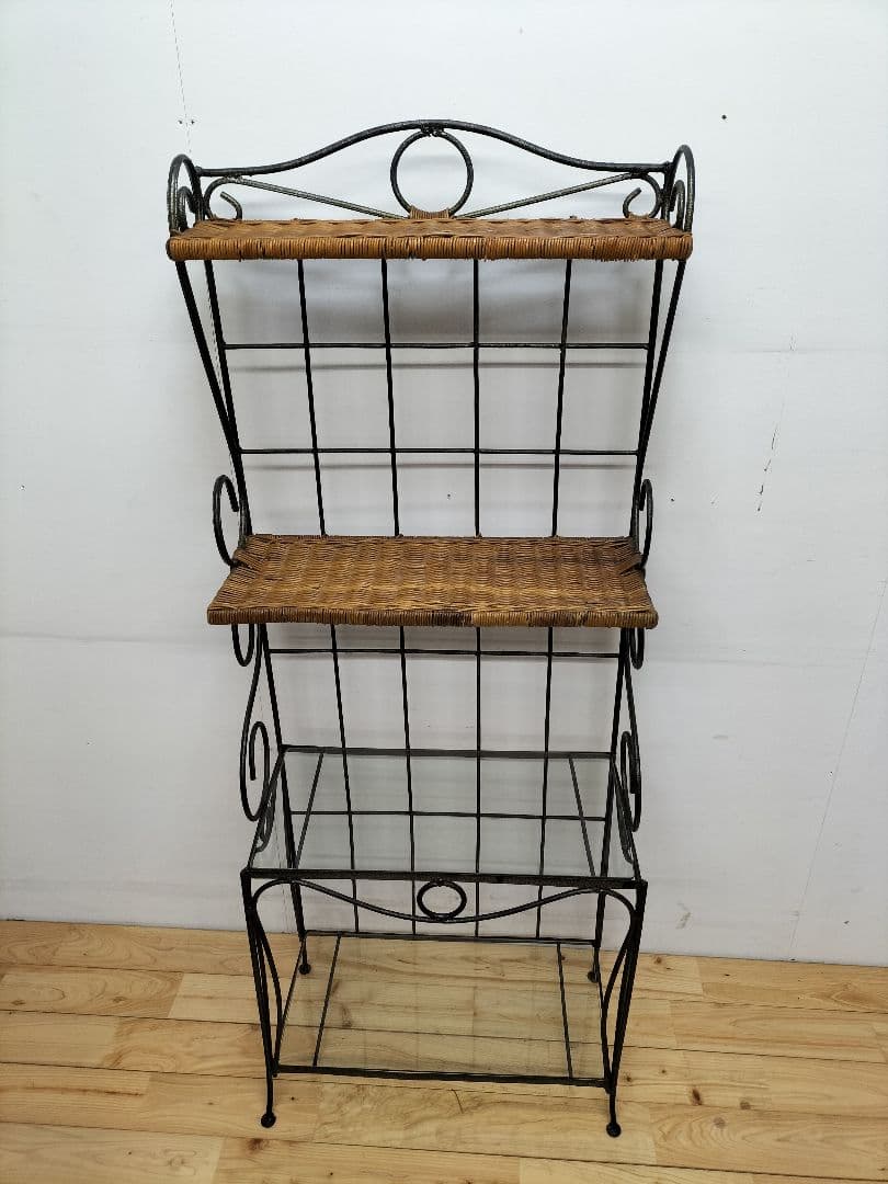 アイアンフレーム シェルフ棚 ラタン(籐) ガラス棚