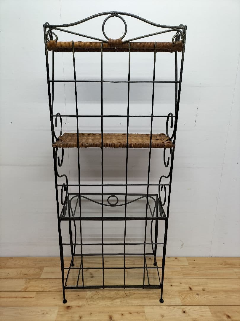 アイアンフレーム シェルフ棚 ラタン(籐) ガラス棚