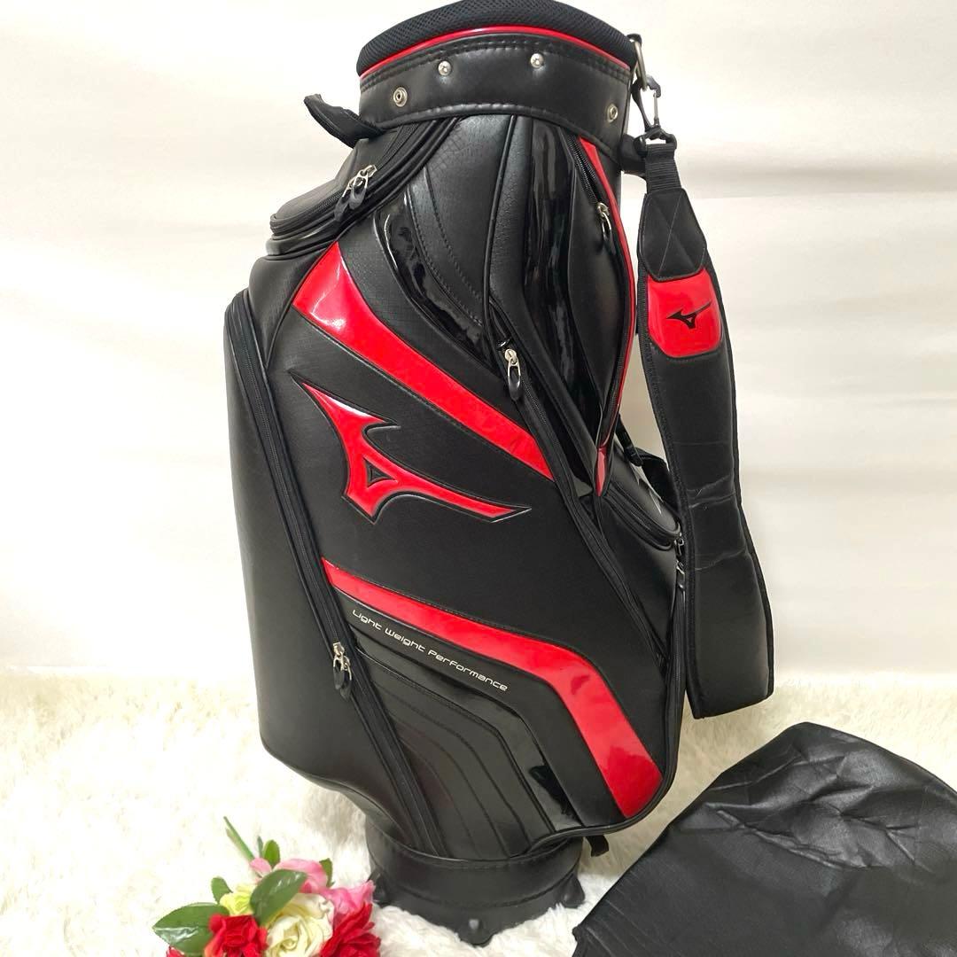 良品✨ミズノゴルフ キャディバッグ カート式 バランス型 軽量 黒赤 フード付き